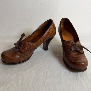 Chie Mihara Depoi Mock Crocodile Embossed Leather Lace Up Shoes Brown 37 US 6.5